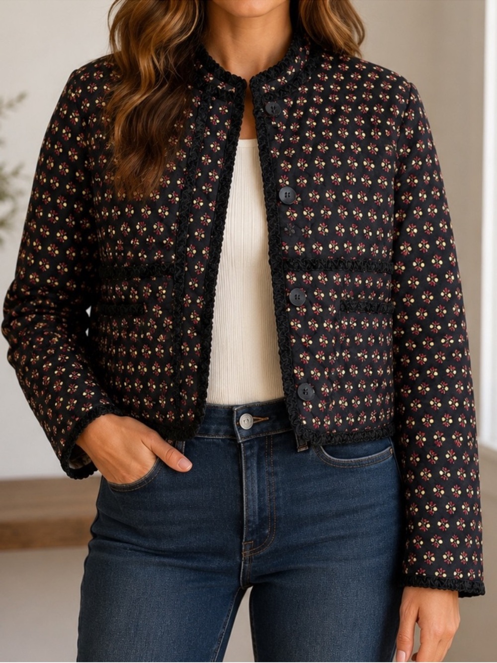 7 For All Mankind Quilted Floral Crop Jacket Velvet Trim Black Red Size Small